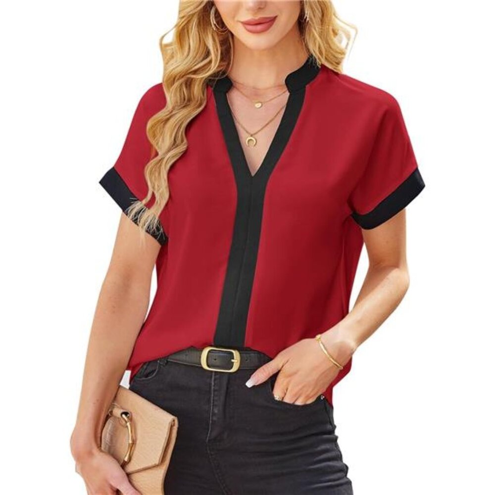 Women's Color Block V Neck Blouse | Shirt | Short Sleeve | Top | Red/Black